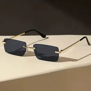 Frameless Rectangular Fashion Glasses, Metal Rimless Sunglasses, Trendy Styling Sunglasses, Metal Frame Driving Glasses, Daily Outdoor Stylish Eyewear, Unisex Casual Wear