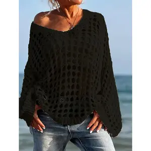 Summer Hollow Out Thin Breathable Sun Protection Knit Top, Women's Loose Fit Casual Sweater, Hand Hook Design, Round Neck Pullover Knitwear