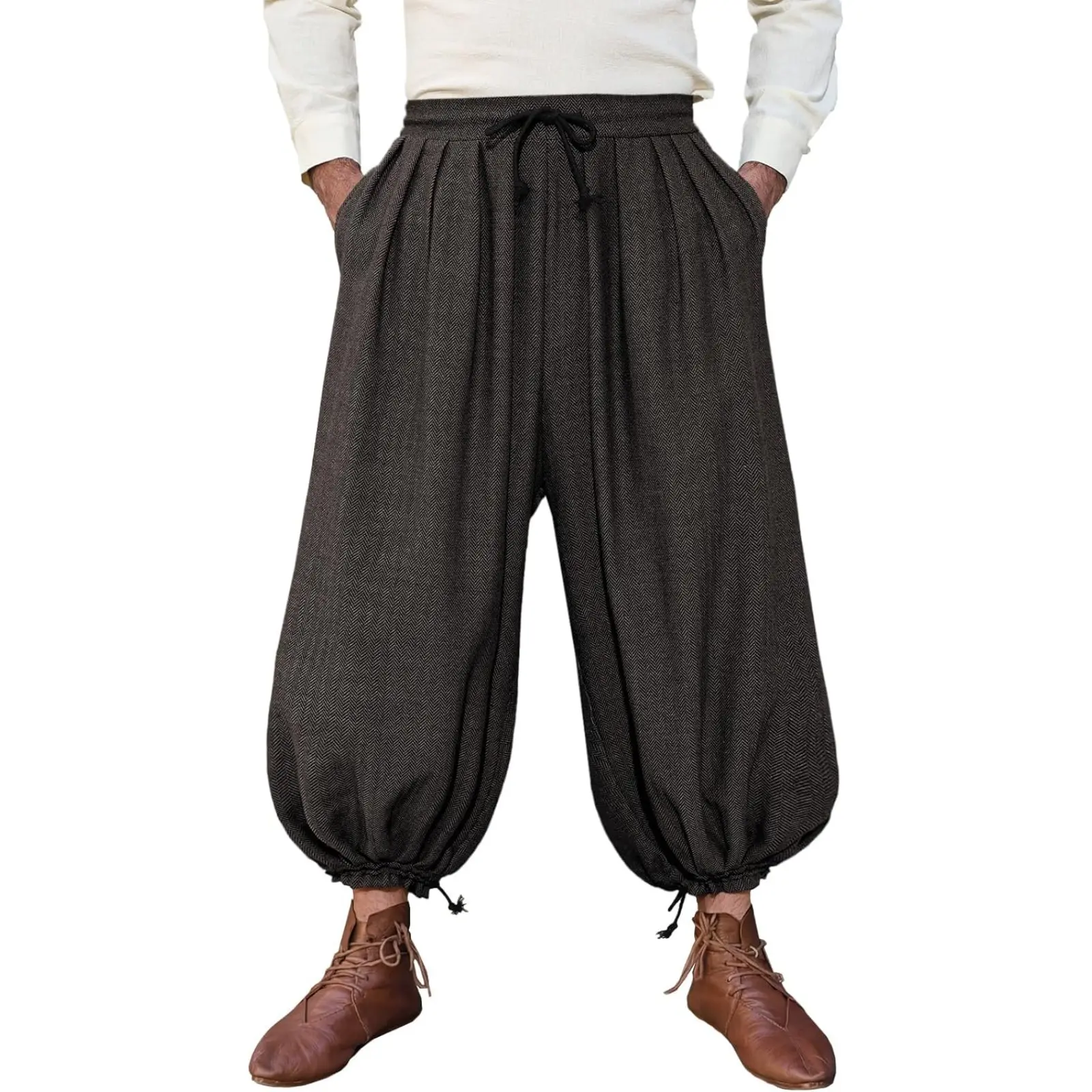 Runcati Men's Medieval Renaissance Baggy Wide Leg Pants - Menswear, Plain Casual Fashion Pocket Trousers for Viking Pirate Halloween Retro Costumes