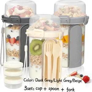 3-Pack Overnight Oat Jars with Lids, Portable Dual-Layer Yogurt Cups, Dry-Wet Separation, Sealed Oat Jars with Spoon and Fork, Convenient Breakfast Containers, Airtight Container Set, Lidded Storage Container