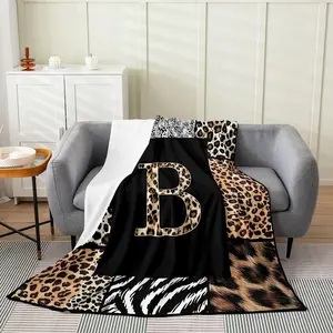 Leopard Letter A-Z Throw Blanket Throw Black Brown African Wildlife Flannel Blanket for Women Men Adults Cheetah Zebra Skin Print Bed Blanket for Living Room CouchAir blanket