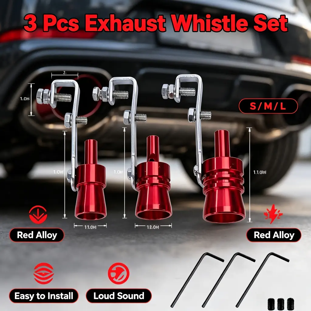 3PCS Black/Red Exhaust Whistle Tip Kit S/M/L, Universal Car Muffler Whistle Sound Maker, Adjustable Turbo Sound Exhaust Pipe Insert, Easy Install Automotive Exterior Accessories
