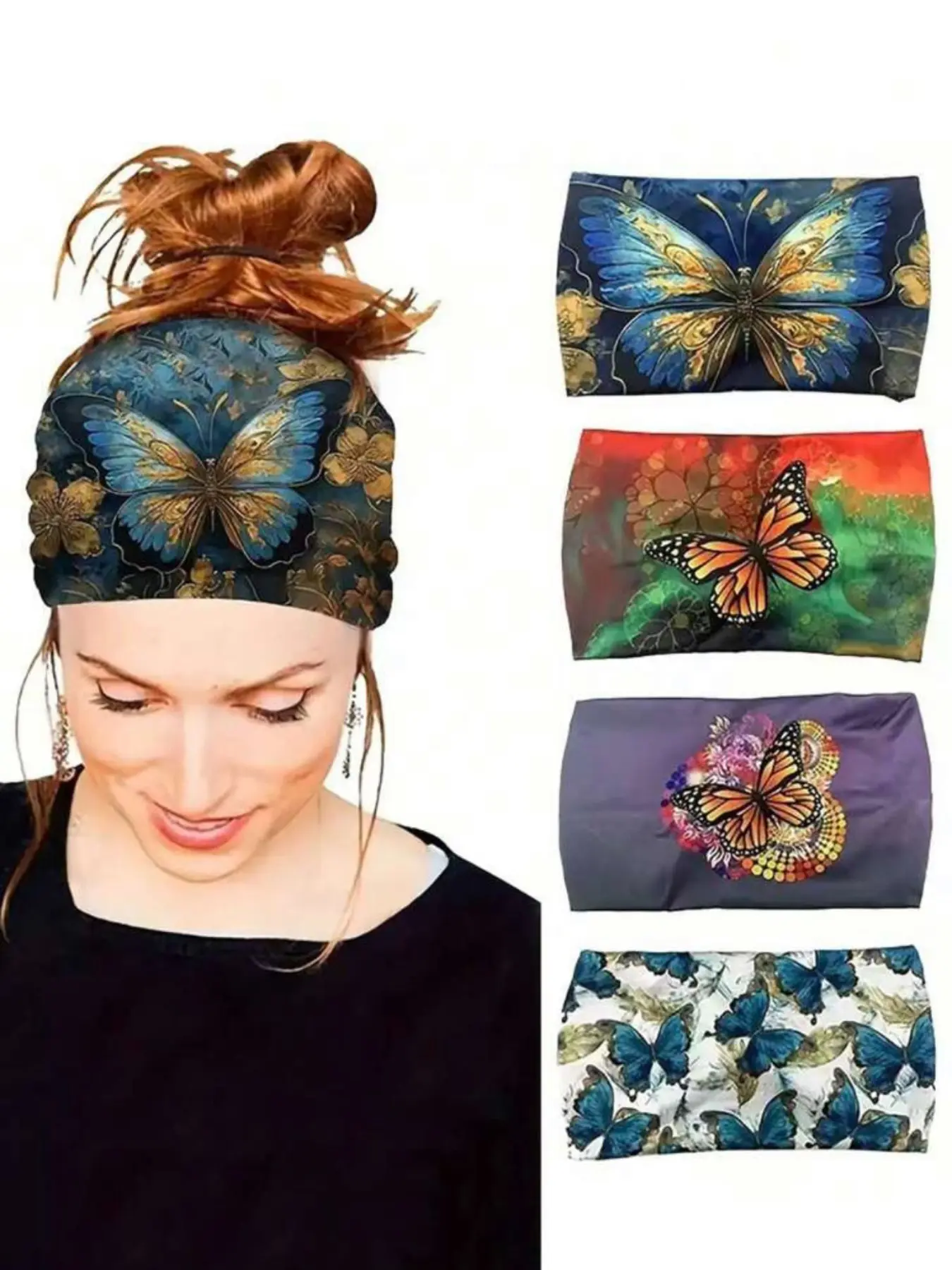 Boho Butterfly Print Headbands Set, High Elasticity Cross Design Hair Accessories for Women, Perfect for Sports & Travel Decoration, Chic Headbands, Boho Stretch Headbands