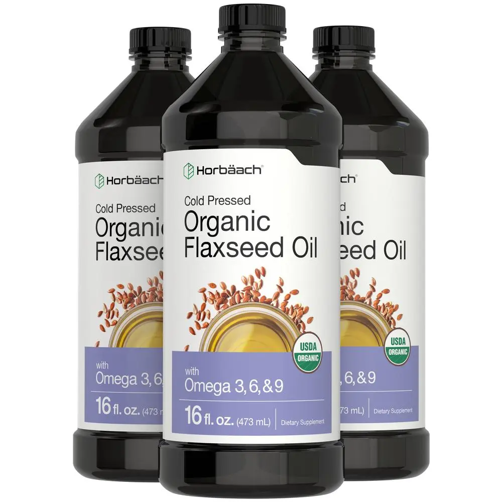 Horbäach Organic Flaxseed Oil | 3 Pack | 16 fl oz Each | Cold Pressed | with Omega 3, 6, 9 | Vegetarian, Non-GMO, Gluten Free Liquid