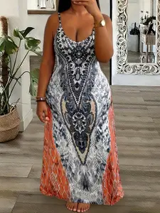 Women's Casual Maxi Dress, Geometric Loose-Fitting Long Sleeve Design, Comfortable & Stylish Bohemian Boho Daily Wear, Perfect for Spring & Fall