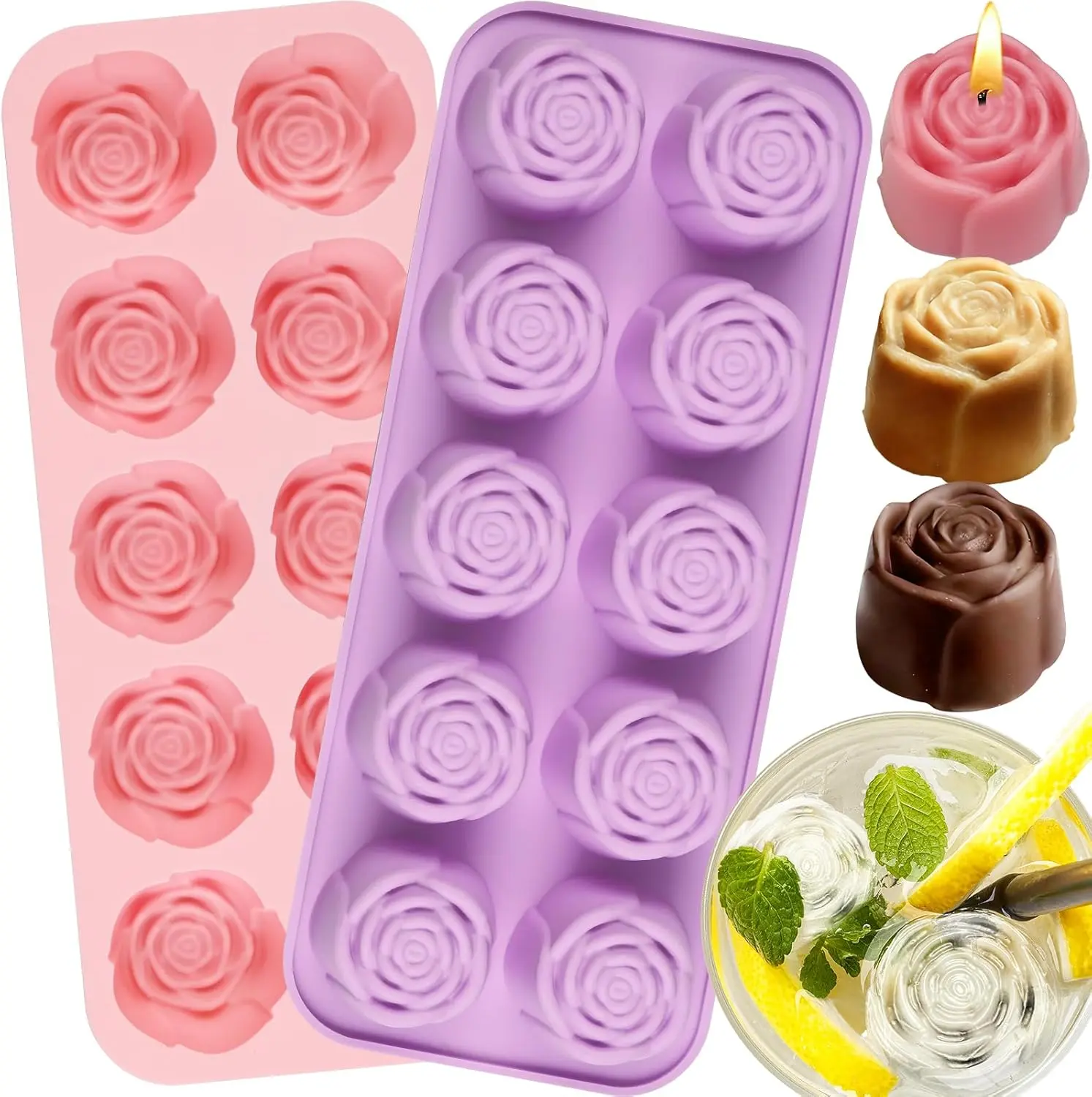 Kitchenware 2-Pack Silicone Rose-Shaped 10-Cavity Chocolate Molds - Reusable, Heat Resistant (-40°F to 446°F) for Cake, Desserts, Easter & Birthday Treats, Candy, Ice Cubes, Oskrieel Soap