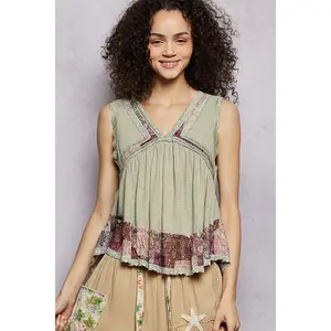 POL Lace Detail Ruffled Ribbed Sleeveless Top with Floral Pattern Trim Detail