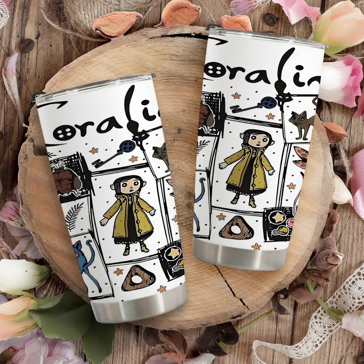 1pc Coraline Pattern 304 Stainless Steel Vacuum Flask - 600ml/20oz Large Capacity Coffee Tumbler, Ice Coffee Tumbler, Hot or Iced Hold Travel Mug with Comfy Throw Blanket & Chairs, Ideal for Coraline Fans & Whimsical Gifts