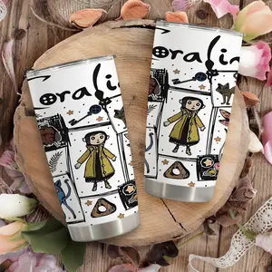 1pc 600ml Coraline Pattern 304 stainless steel large capacity travel mug.throw blanket. comfy throw blanket. 20oz insulated water bottle. chairs ideal for fans of Coraline and as a whimsical gift