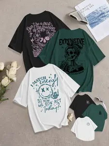 Breathable Casual Streetwear Loose-Fit Round Neck Skull Girl Print Knit T-Shirt Set, Summer Fashion Comfortable Versatile Everyday Graphic Top, Pack of 3