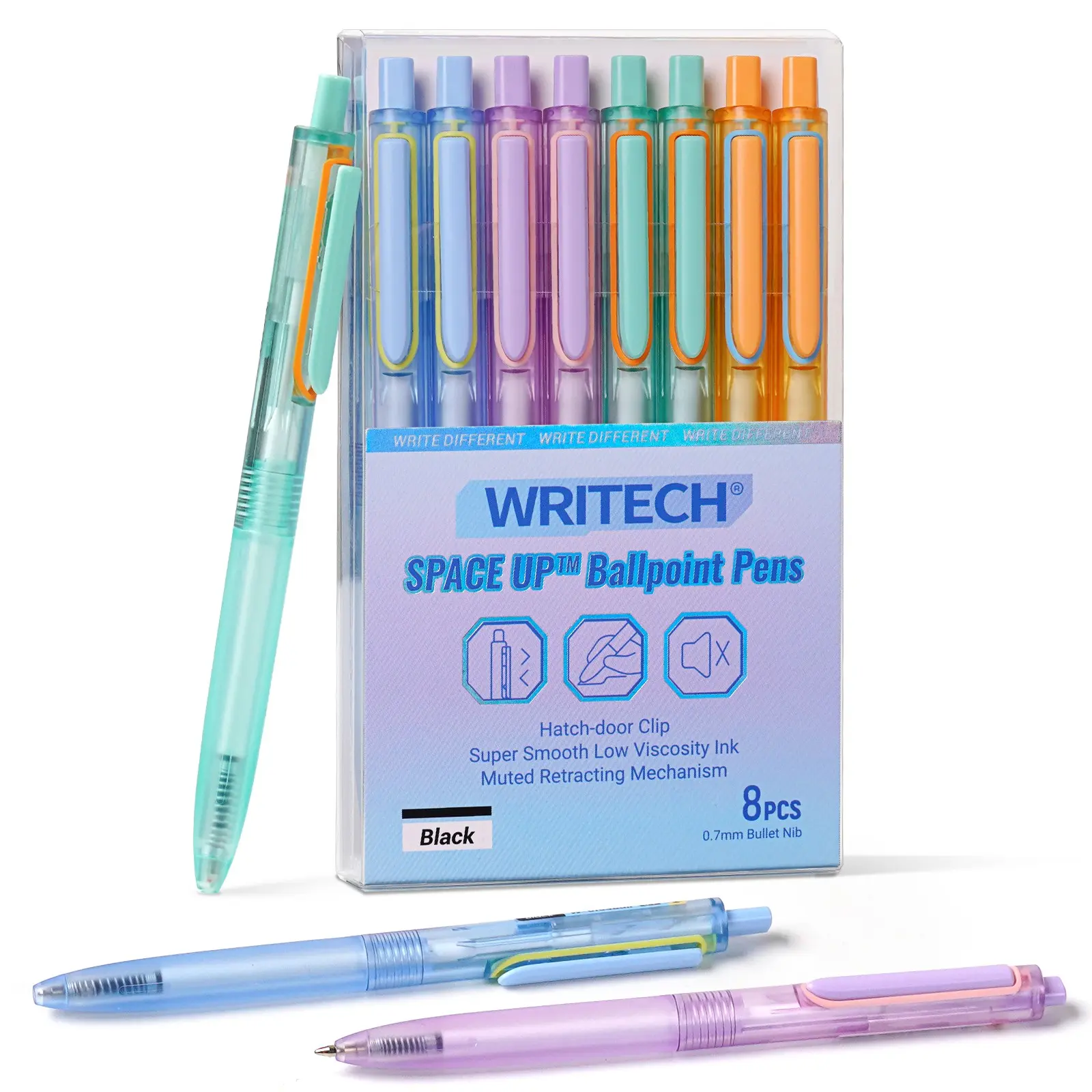 WRITECH Ballpoint Pens Black Ink: 0.7mm Fine Point Retractable 8ct Pastel Color Aesthetic Pens Ultra Smooth Writing Low Viscosity Ink Space Up Ballpoint Pen Silent Click Retractable Clicker Pens Cute Pen