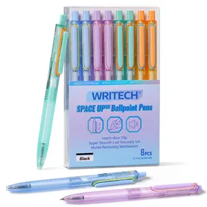 WRITECH Ballpoint Pens Black Ink: 0.7mm Fine Point Retractable 8ct Pastel Color Ultra Smooth Writing Low Viscosity Ink Space Up Ballpoint Pen Silent Click Retractable Clicker Pens