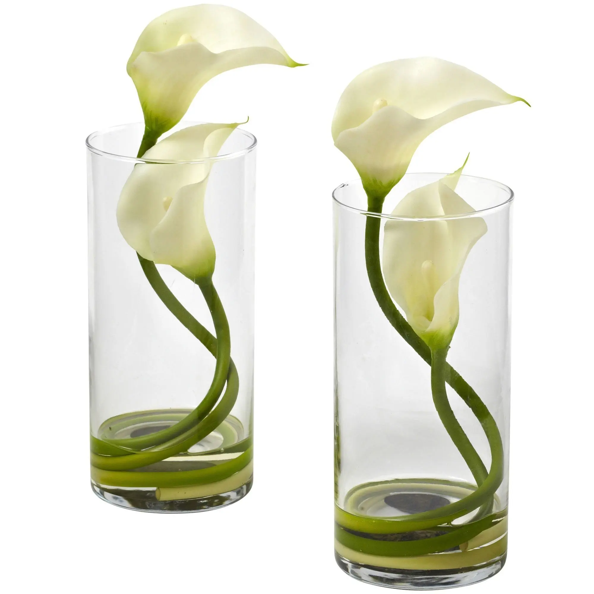 Home Decor 2-Piece Set - Faux Silk Double Calla Lily Artificial Flowers & Glass Cylinder Vases for Home Supplies Decoration, Ornaments, Plants