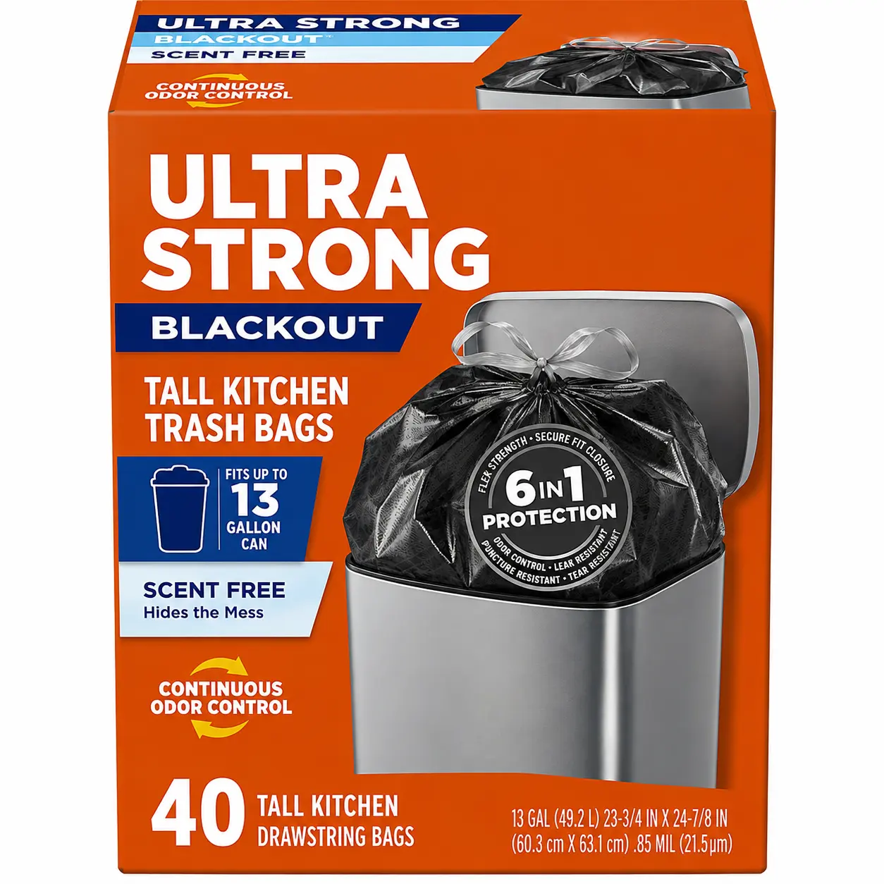 13 Gal Heavy-Duty Black Trash Bags, 40-Count Unscented Drawstring Garbage Bags for Kitchen Use