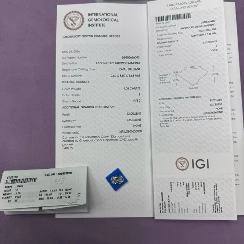 IGI LAB Certified Oval Shape Diamond - 4.05 Carat, E Color, VVS2 Clarity Artificial Gemstone for Jewelry Accessories