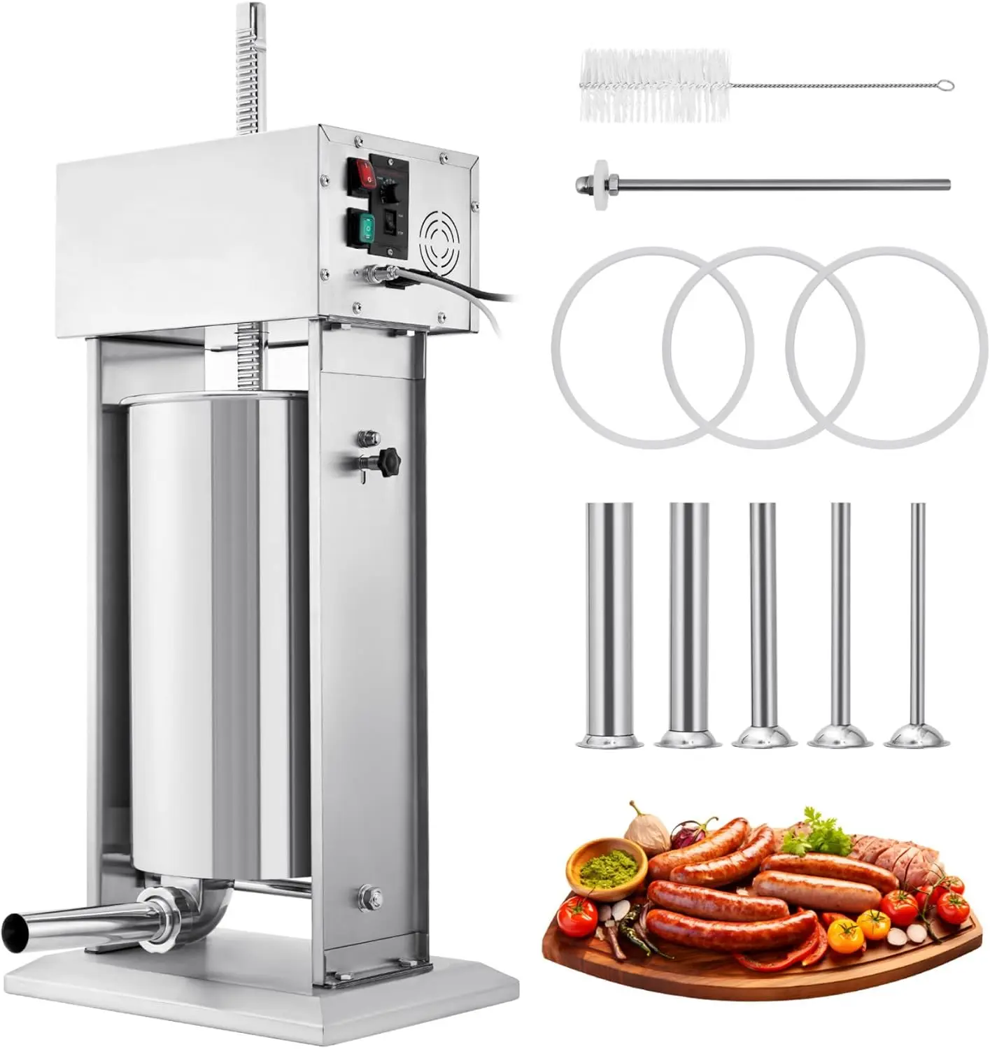 25L Vertical Electric-Manual Sausage Stuffer Machine, 304 Stainless Steel with Stepless Speed Control, Foot Pedal, 5 Filling Tubes, Cleaning Kit (Kitchen Utensil for Meat, Poultry)