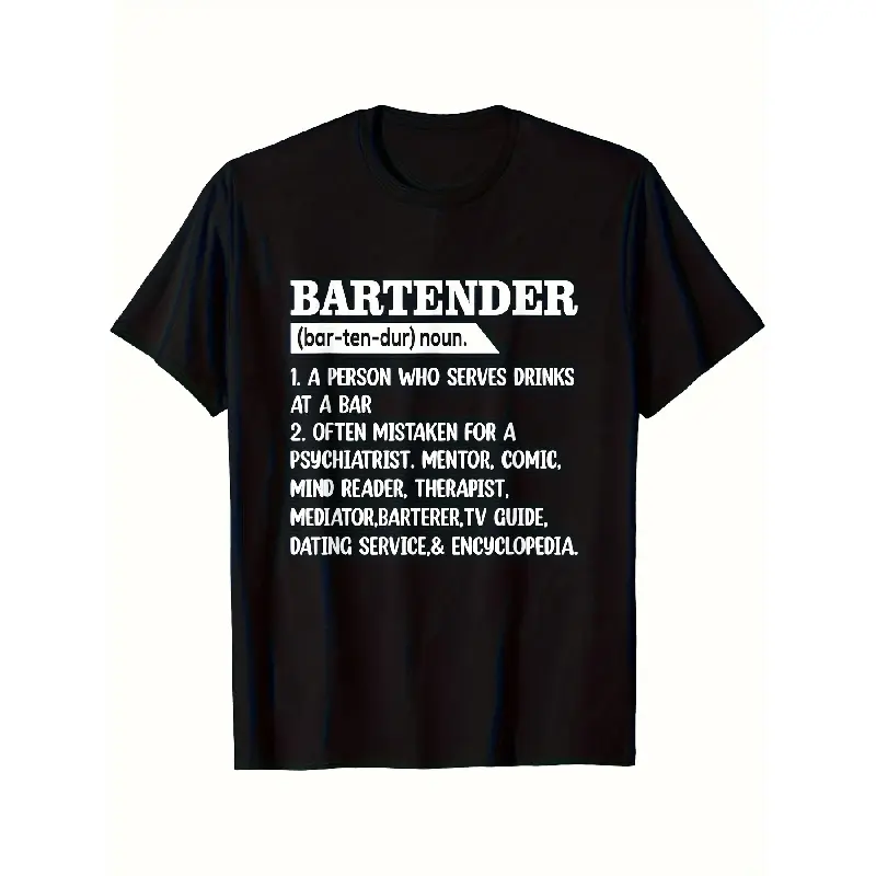 Funny Bartender Definition T-Shirt - Retro Barkeeper Graphic Tee for Men & Women, 220GSM Pure Cotton Bartender Apparel, Casual Bartender Gift for Bartenders, Machine Washable Round Neck Short Sleeve Shirt Streetwear Oversized Menswear Comfy