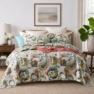 White Floral Paisley Cotton Bedspread Quilt Sets, 3 Pieces Reversible Comforter Coverlet Sets,King Size