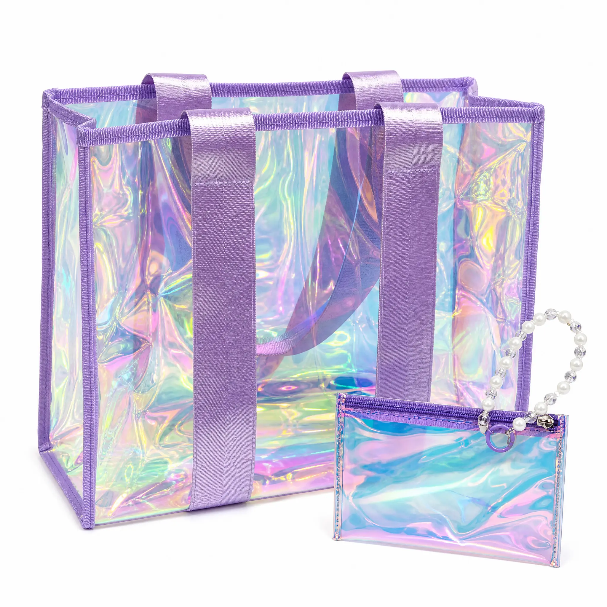 Waterproof Holographic Beach Bag Set, Large Purple Laser Transparent Tote Bag for Sandproof Swim Travel, 2-Piece Clear Pool Bag with Pearl Chain Privacy Pouch