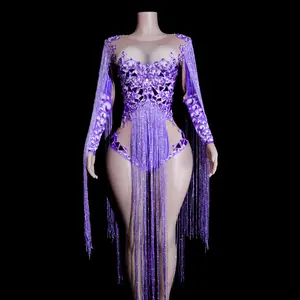 Purple Rhinestone Fringe Bodysuit for Women, Long Sleeve Sheer Mesh Dance Costume with Crystal Beads, Stage Performance Outfit for Party, Carnival, Concert & Show
