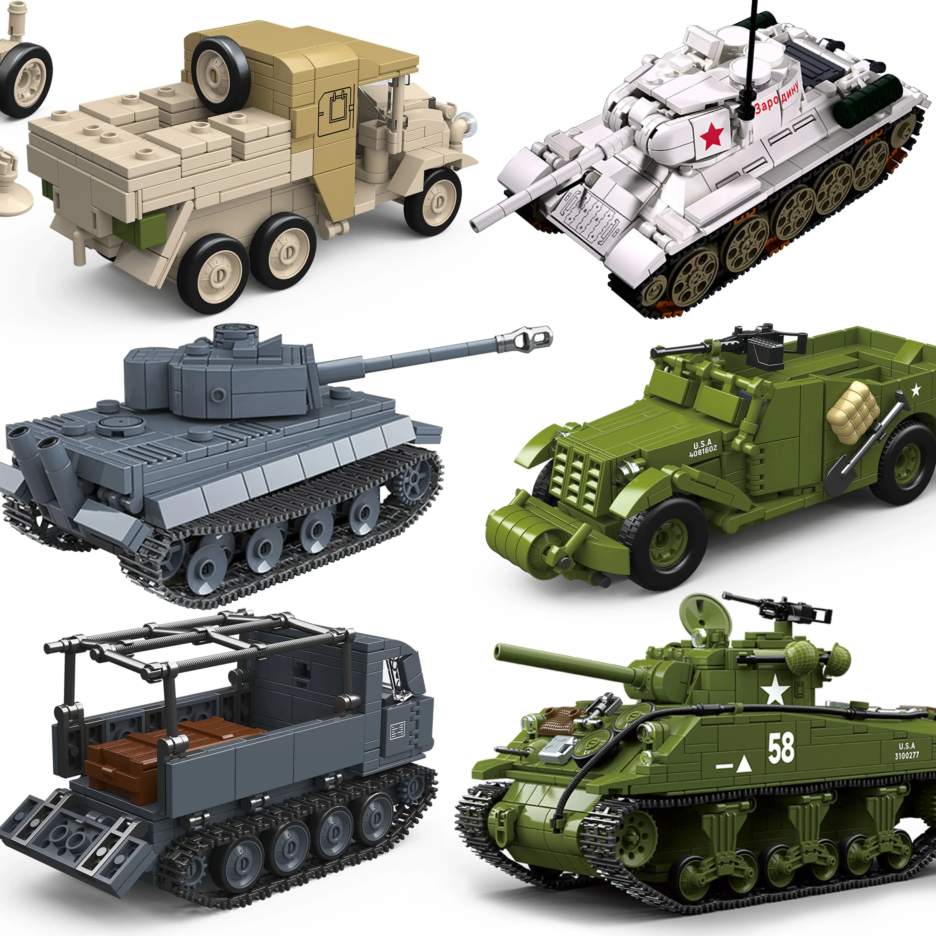 WW2 Military Model Building Blocks - Tiger, Sherman, T34, Panzer Tanks, Airplanes, Army Soldiers, Weapons Toys for Kids