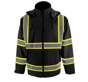 Safety Reflective Stripe SoftShell High Visibility Jacket SAFETY BLACK Wind & Water Resistant with Yellow Stripes