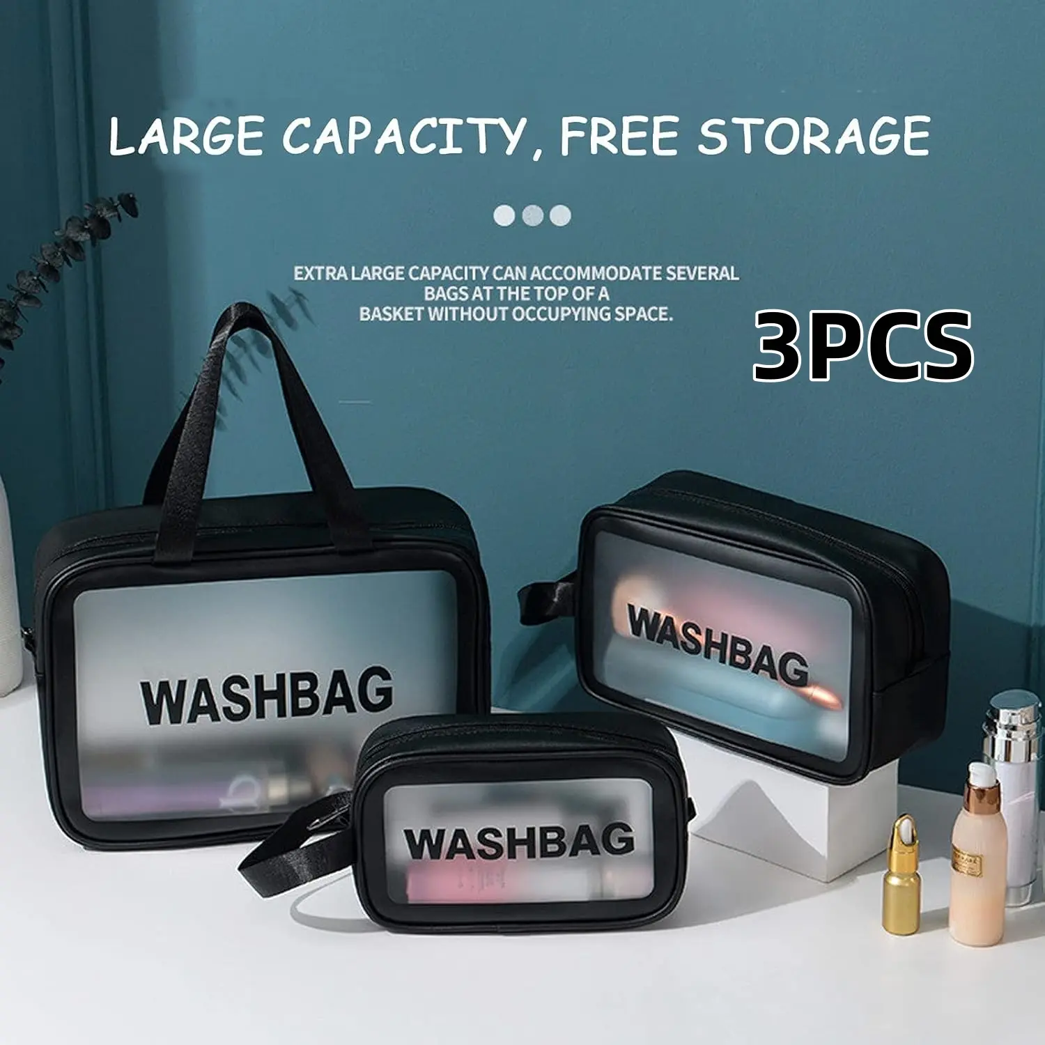 3PCS Clear Frosted Travel Toiletry Bag For Men & Women: 3 pcs Handle Cosmetic Case ,Large Washbag Organizer.