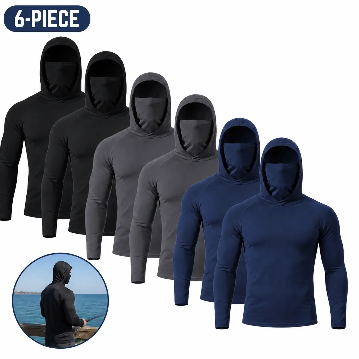 Men's Plain Stretchy Sun-Protective Fabric 3-Piece & 6-Piece Lightweight Hooded Workwear Sets with Built-In Face Cover, Long-Sleeve Pullovers for Construction, Outdoor Jobs