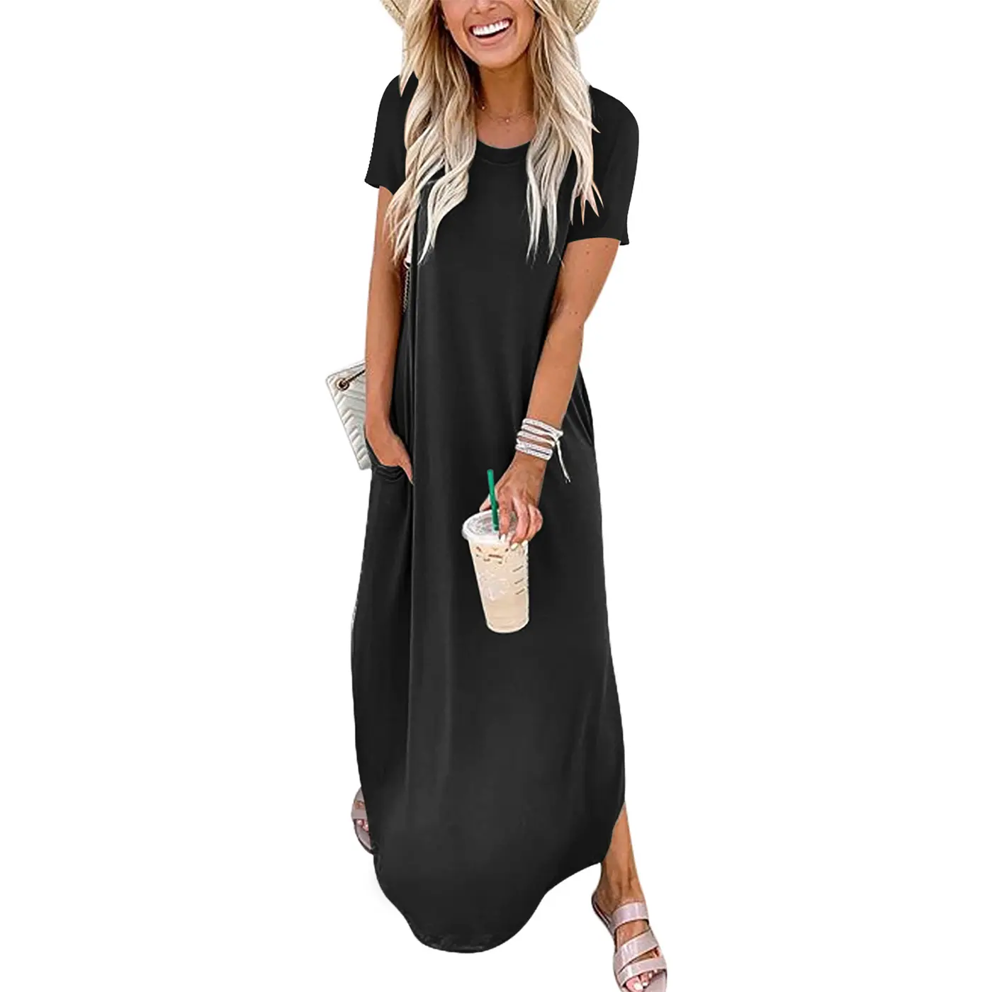 ANRABESS Women's Casual Loose Short Sleeve Long Dress Split Maxi Summer Beach Dress with Pockets