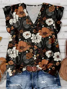 Women's V-Neck Retro Floral Print Casual Shirt Blouse, Loose-Fitting Flower Top for All Seasons, Stylish Women's Clothing for Everyday Wear, Womenswear