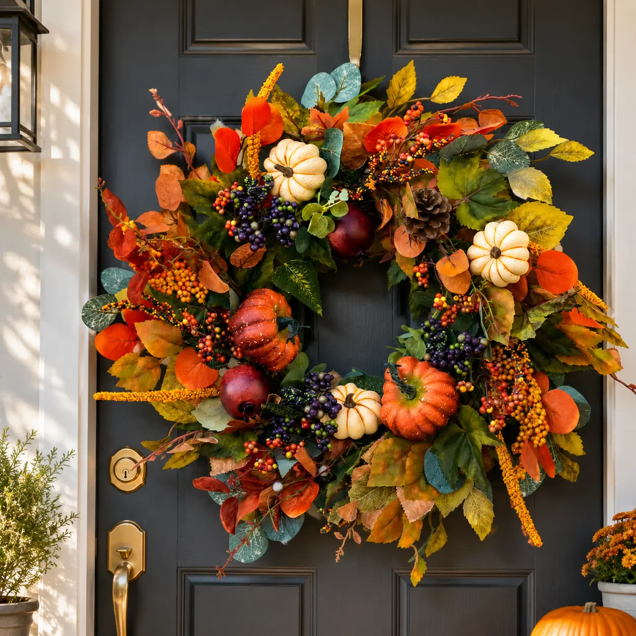 24'' Fall Wreaths for Front Door, Autumn Floral Wreath with Flowers, Berries & Leaves, Rustic Thanksgiving Harvest Decor, Outdoor Wreaths for Front Door, Farmhouse Autumn Decor