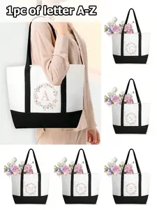 Women's Initial Letter Handbag, Flower Ring Alphabet A-Z Print Bag, Pocketed, Personalized Gift, Travel Organizer, Makeup Bag
