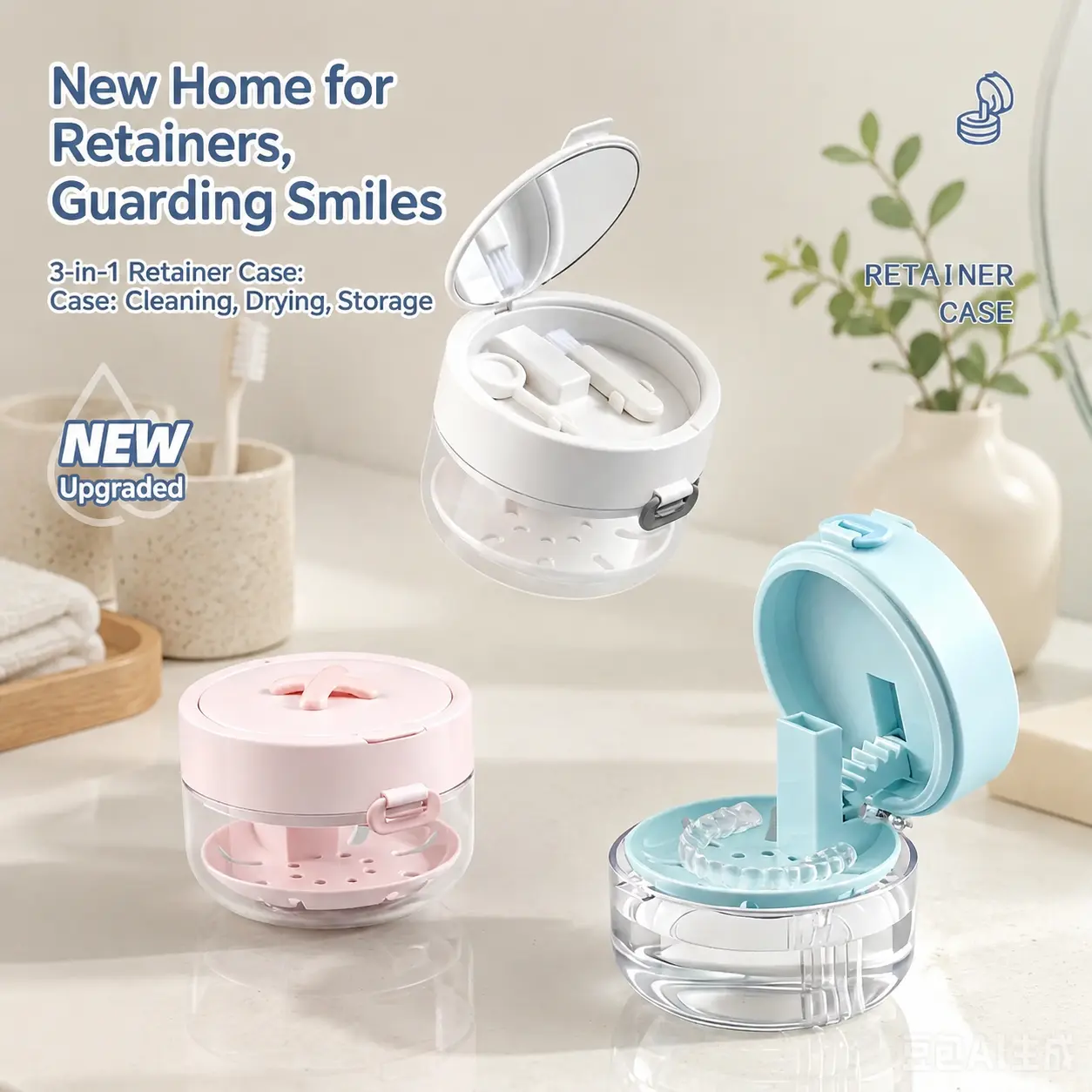 Retainer Cleaner Case Box with Drain Tray, Mirror and Brush - Toothbrush-Compatible Travel Storage Soak Container for Bathroom Home Supplies