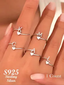 925 Sterling Silver Fashion Alphabet Design Ring, Heart Initial Rings, Heart Design Ring for Women & Girls, Trendy All-match & Exquisite Jewelry for Birthday Gift
