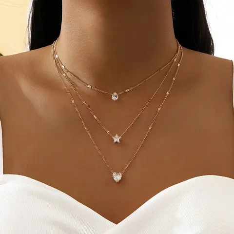 Women's 3-Piece Layering Necklace Set - Dainty Fashion Jewelry Bundle with Bedazzling Synthetic Zircon Pendant, Long Gold Chains, Aesthetic Adorable Style Accessory, Holiday Gift for Adults Female, Accessories Adults Female