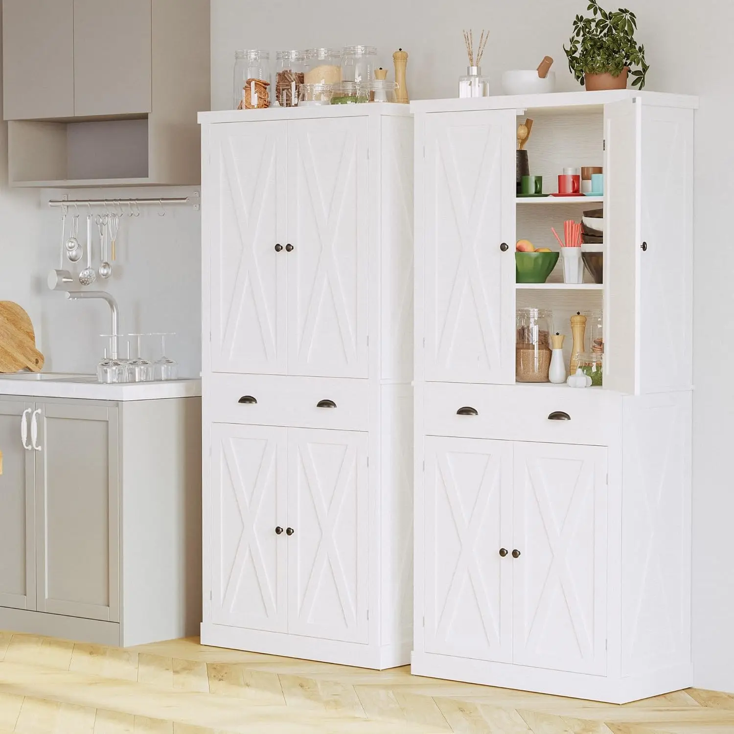 【72.6" H Farmhouse】 IRONCK Freestanding Tall Storage Cabinet with Double Barn Doors, Drawer & 4 Adjustable Shelves, Classic Modern Floor-Based Sideboard Cupboard for Dining Room, Living Room, Kitchen, Easy-Setup
