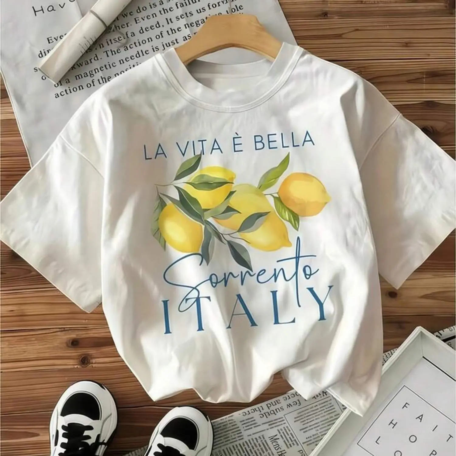 Women's Lemon Branch Print White T-Shirt - Crew Neck, Casual Cotton Tee with Medium Stretch Knit Fabric, Regular Fit for Spring/Summer/Fall