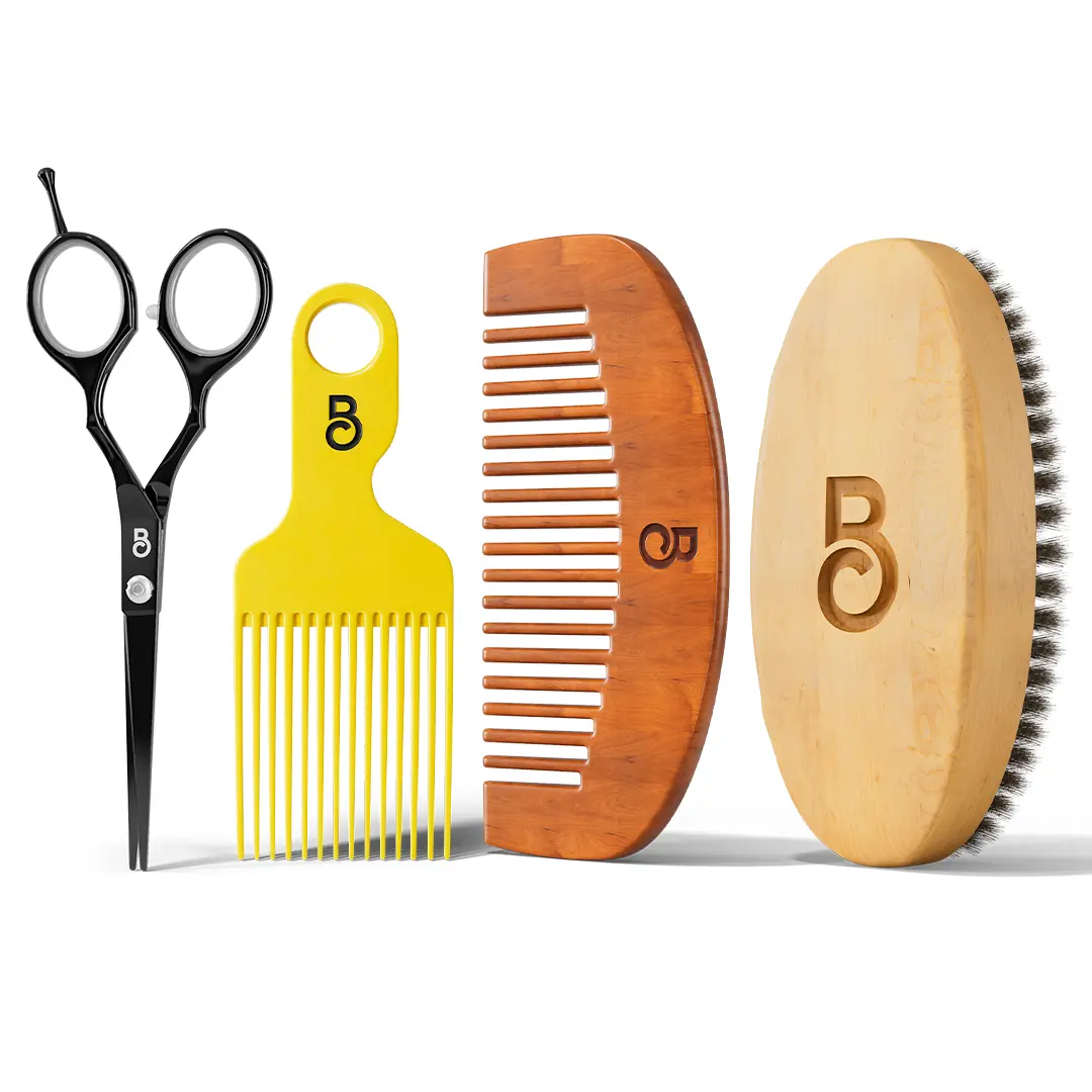 Beard Brush Kit & Pick with Beard Pick, Beard Trimming Scissors, Wood Brush, Wood Comb