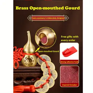 5 Emperor Coins Feng Shui Set with Openable Brass Gourd - Wealth & Protection Amulet for Home/Car (Includes Strong Hooks + Vermilion Powder) - Perfect for Chinese New Year, Halloween, Grand Opening Decorative Ornament Ornaments