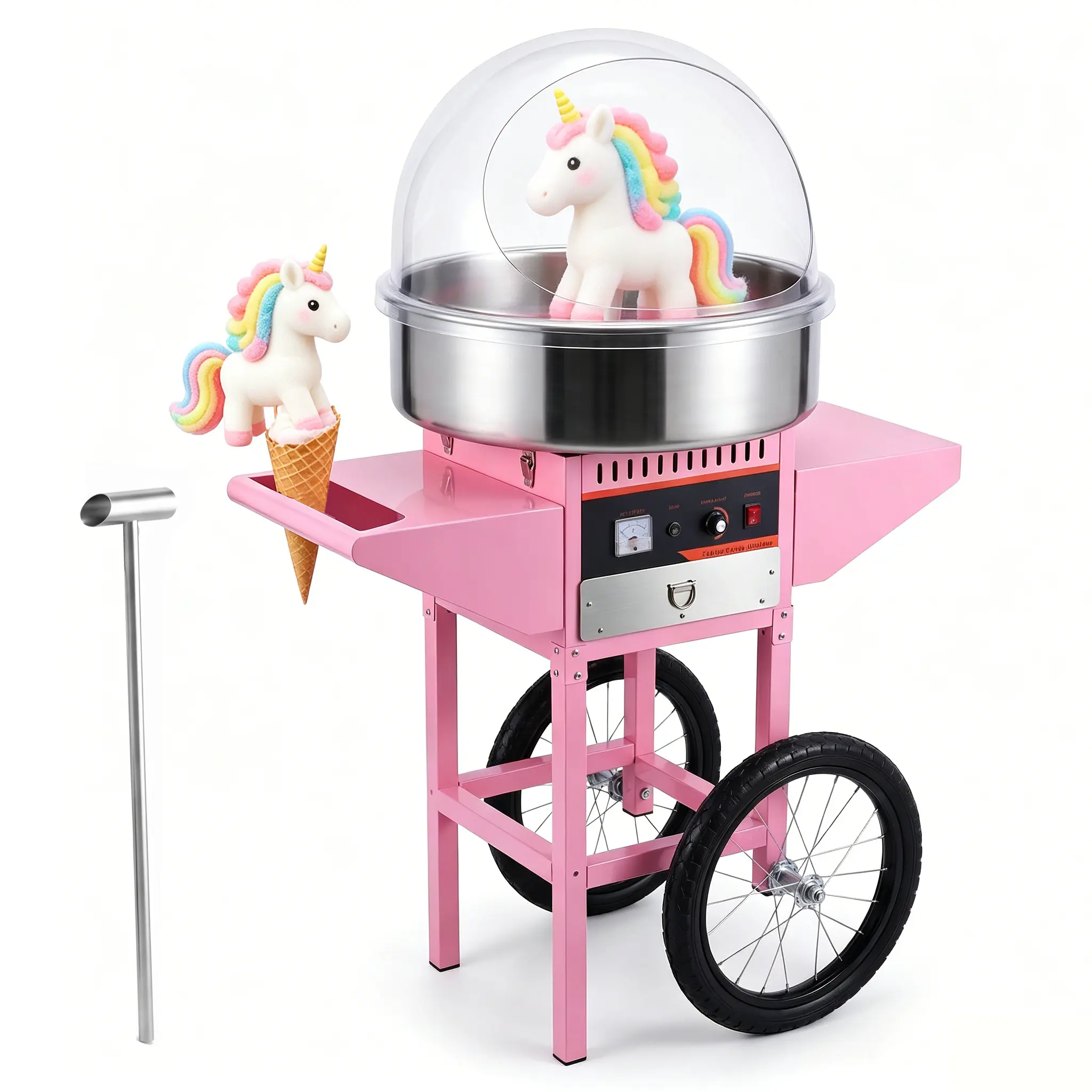 21-In Commercial Electric Cotton Candy Machine Cart, 1000W Floss Maker with Stainless Steel Round Bowl, Sugar Scoop, Drawer, Lightweight Design, Ideal for Carnival, Kids' Events, Home Use, Pink