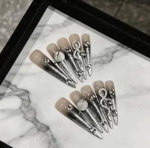 Silver Heavy Industry Starlight Ultra Long Wearing Armor| long acrylic press-on | fake nails | Handmade | high quality Press on nails 10 pcs | reusable nails | nail art | nail charm | handmade press on nails | detachable false nail