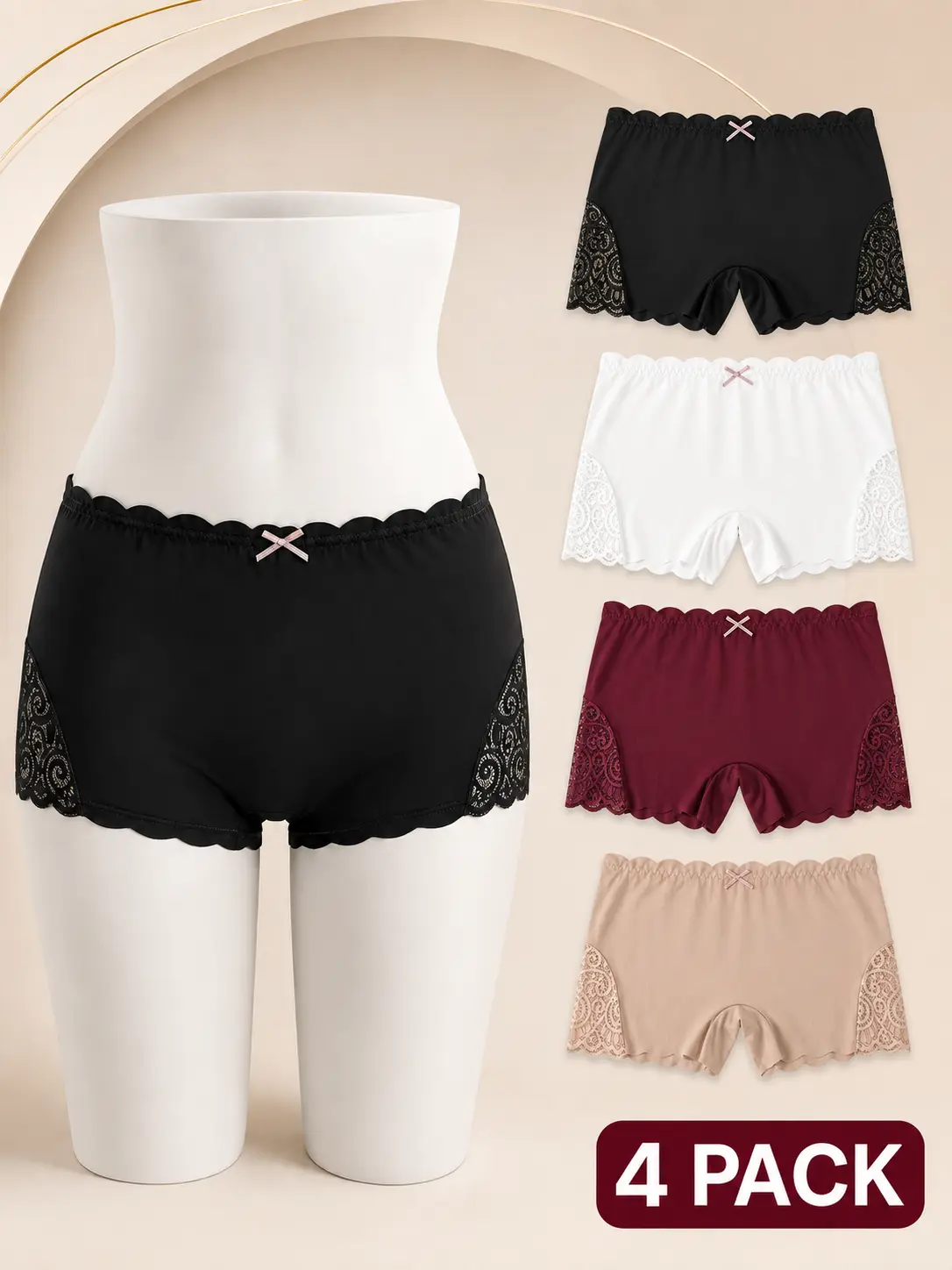 Women’s 4-Pack High Waisted Seamless No Show Lace Boyshort Underwear - Basic, Soft Stretch Breathable Anti-Chafing Safety Shorts, Comfortable Boxer Brief Panties for Dresses, Everyday Wear, Black White Burgundy Beige Set