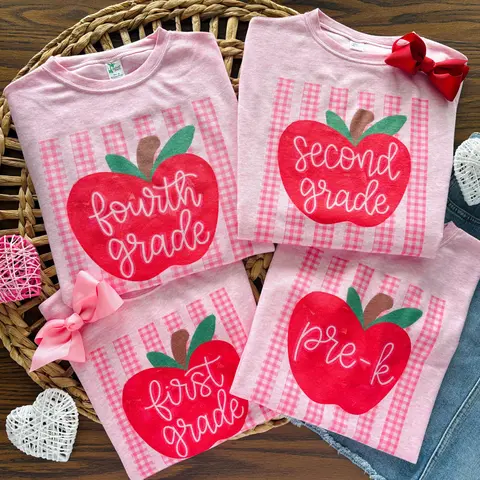 Comfort Colors Preppy Gingham Stripe Apple Grade Shirt, Custom Name Back to School Pink Apple Tee, Any Custom Grade Level Girl School Spirit Apparel Tshirt