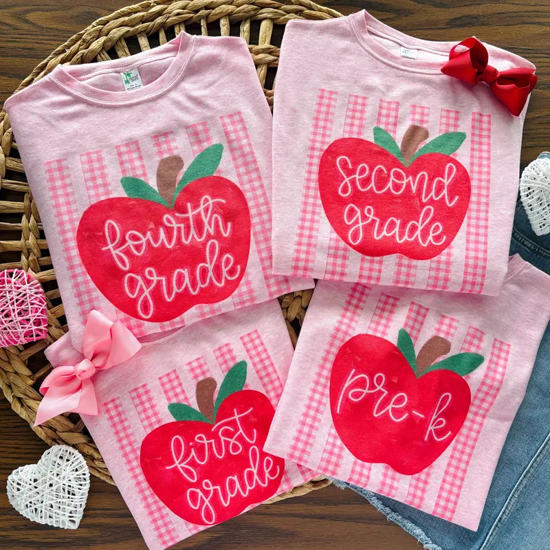 Comfort Colors Preppy Gingham Stripe Apple Grade Shirt, Custom Name Back to School Pink Apple Tee, Any Custom Grade Level Girl School Spirit Apparel Tshirt