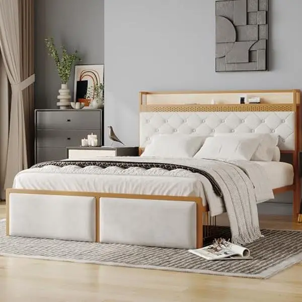 Storage Bed with Footboard Drawers & LED Platform, Modern Super King Size Bed Frame with Built-in Nightlight & Storage, Space-Saving Platform Bed Frame for Bedroom (Wood Color)