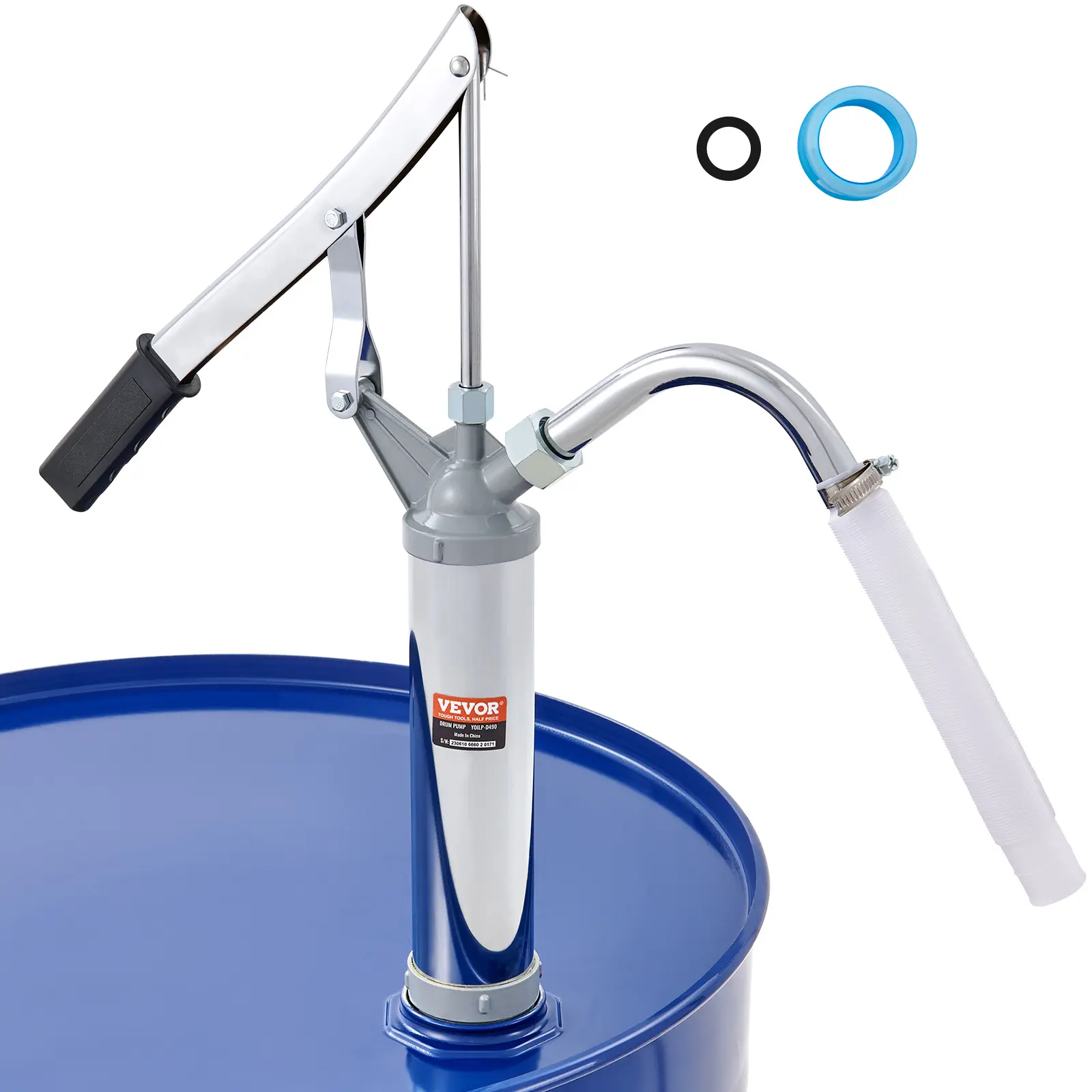 【summerfinds】VEVOR Drum Pump, 10 oz. Per Stroke, Lever-Action Barrel Pump, Fits 5 to 55 Gallon Drums with 2-Piece Telescopic Suction Tube & Hose, Hand Operated, Designed to Transfer Fuel, Oil, Diesel, Carbon Steel