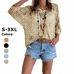 100%Cotton Women's Boho V-Neck Crochet Knit Top - Casual Chic, Hollow Out, Batwing Sleeves Pullover, Lightweight Breathable Summer Sweater, Beach Cover Up Blouse, Boho Outfits Women's Tops