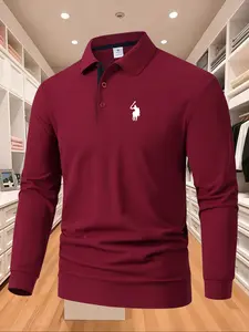 Men's Solid Color Long Sleeve Polo Shirt, High Fashion Comfortable Fabric, Casual Sporty Style, All Seasons Wear, Printed Design