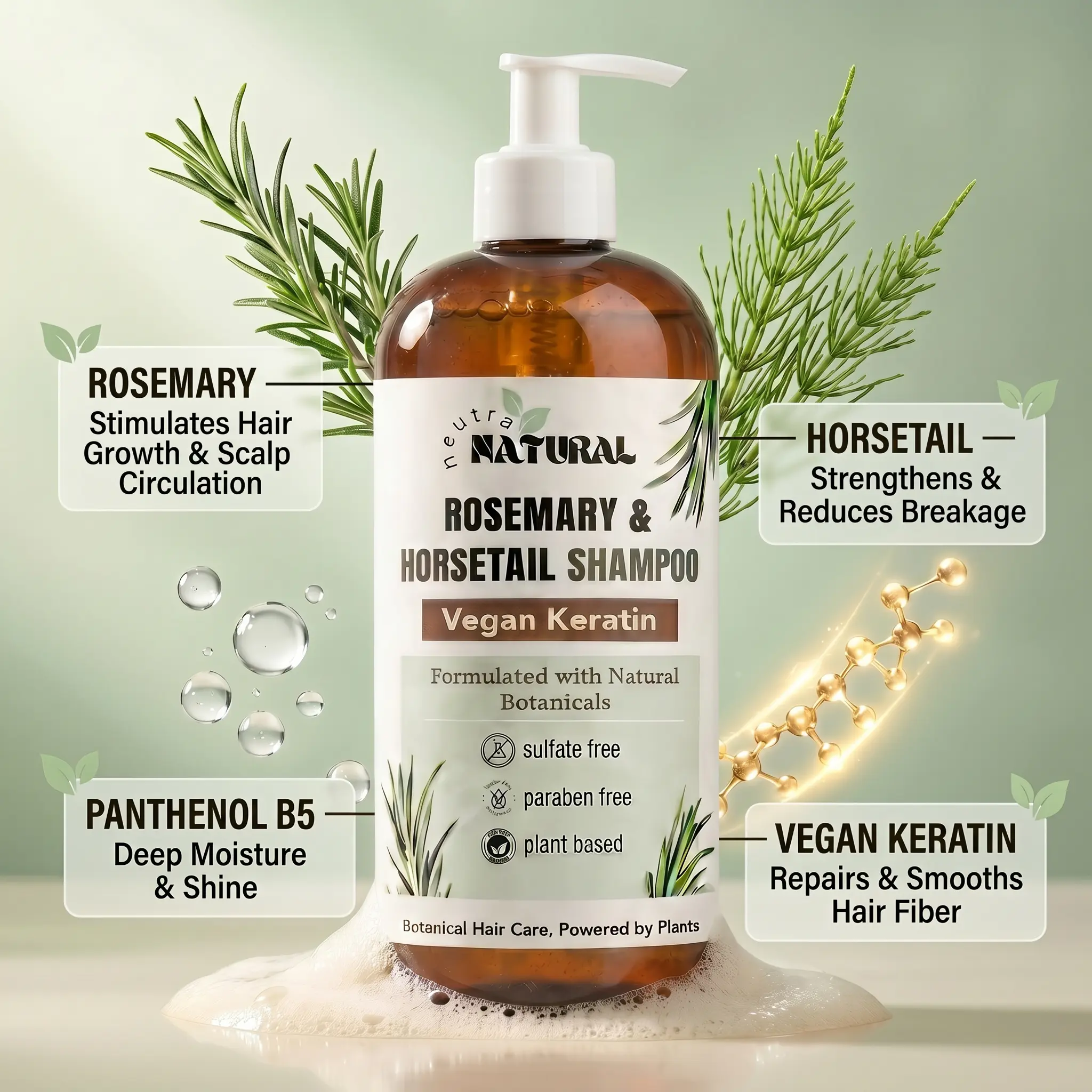 Neutra Natural Rosemary & Horsetail Sulfate-Free Vegan Shampoo - 12 oz Liquid Haircare, Daily Lightweight Botanical Strengthening Cleanser with Keratin, Essential Oils, Panthenol, Plant-Based Proteins, Anti-Frizz Herbal Cleanse