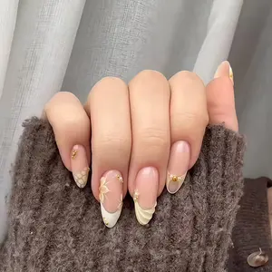 24 Almond Nails, French Edge, 3D Floral & Gold Bead Details, Glossy Finish, Reusable, Includes Jelly Glue & Nail File, Elegant Nude Style